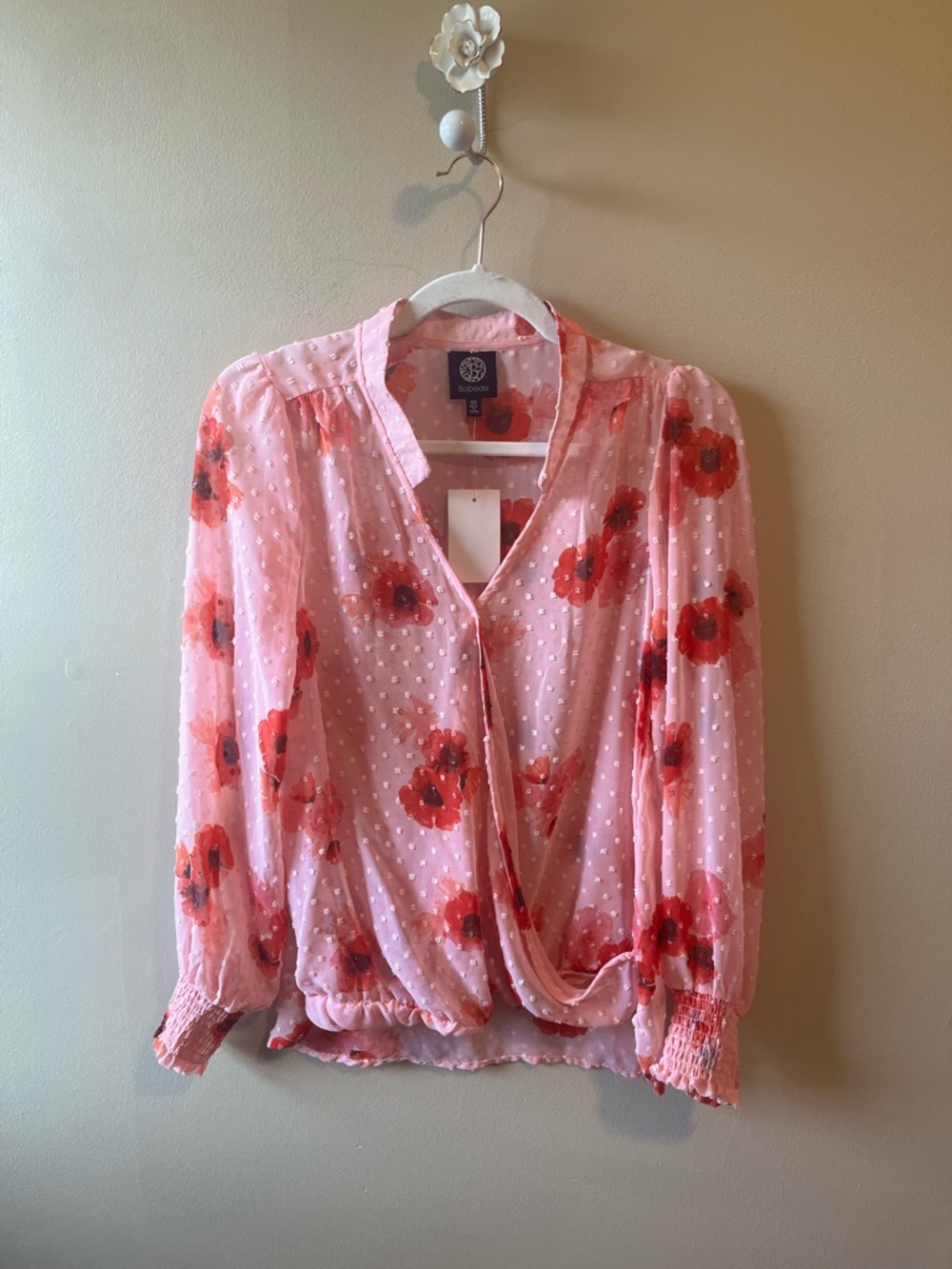 NWT Bobeau Blush Pink Floral Smocked Sheer Blouse  XS